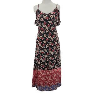 Express Size M Black Floral Maxi Dress Patchwork Smocked Boho Chic Tropical‎